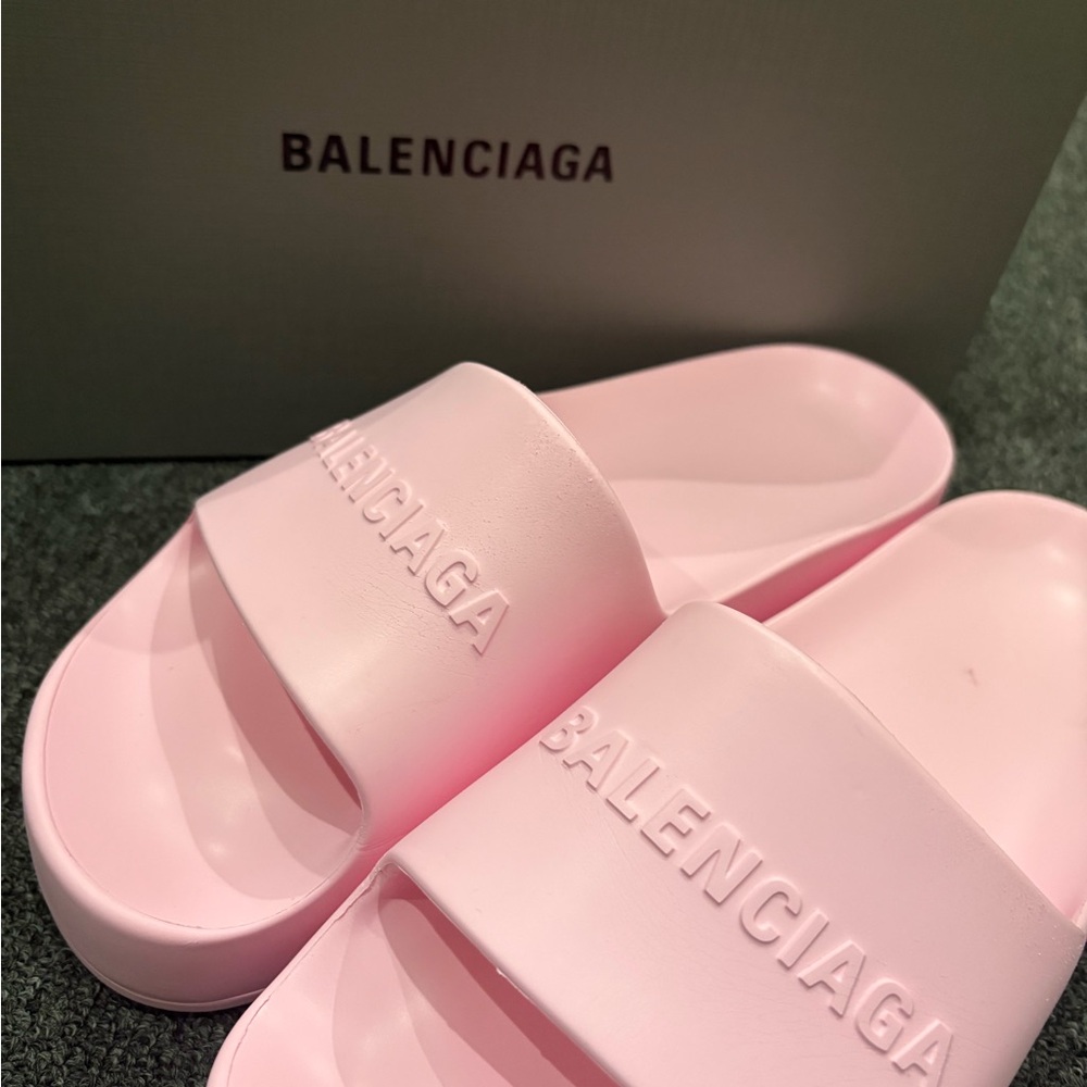Balenciaga Pastel Pink Embossed Logo Chunky Slide Sandals